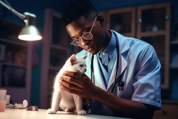 Veterinario con un gatito en la clínica