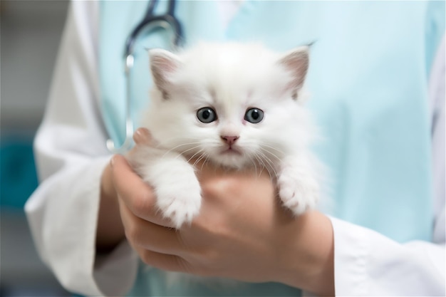 Veterinario con un gatito Concepto de cuidado y tratamiento de mascotas Veterinario amable con un gato