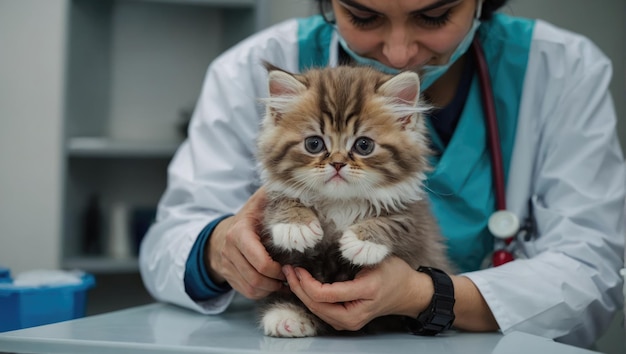 Foto veterinario con un gato hermoso y feliz gato en el médico vacunación de animales