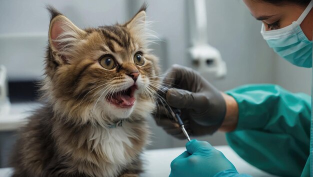 Foto veterinario con un gato hermoso y feliz gato en el médico vacunación de animales