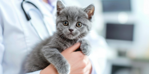 Foto el veterinario de ia generativa tiene en las manos un lindo pequeño gatito de la clínica veterinaria.