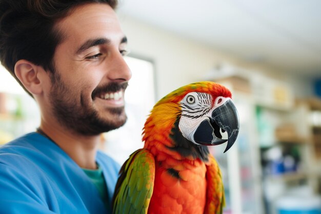 Foto un veterinario de mascotas exótico sonriendo a un fondo de estilo bokeh de loro