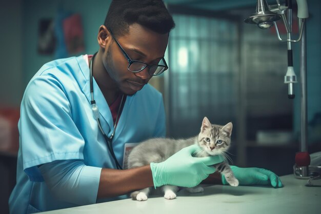 Veterinario masculino con un gatito en la clínica Médico veterinario afroamericano comprueba la salud de un gatito Amor por las mascotas y preocupación por su salud