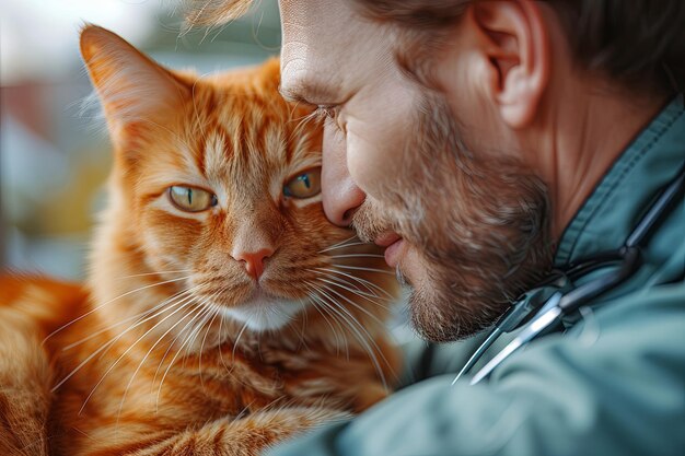 Veterinário masculino segura um gato laranja em seus braços e sorri