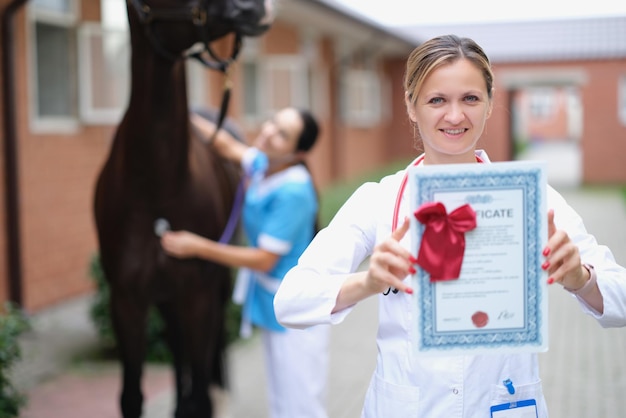 Veterinário mostra o certificado do cavalo