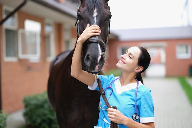 Veterinario mujer sonriente acariciando caballo negro closeup