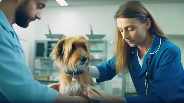 Un veterinario y un perro están examinando a su dueño.