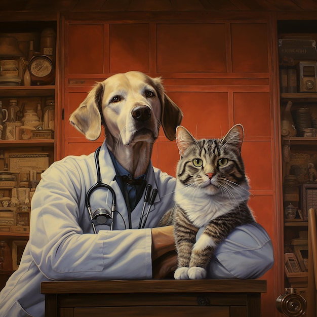 Veterinario con perro y gato