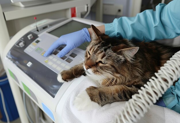 Veterinario profesional examinando a un hermoso gato en una clínica veterinaria moderna