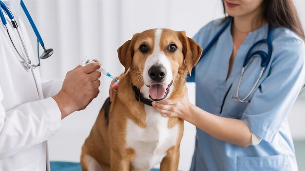 Foto veterinario profesional vacunando al perro en primer plano de fondo blanco