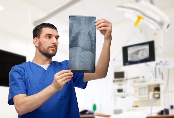 Foto veterinario con radiografía de animales en la clínica veterinaria