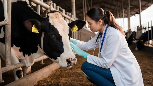 Un veterinario realiza el procedimiento de inseminación artificial de una vaca dentro de una granja