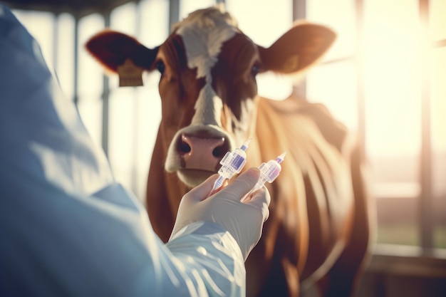 Foto veterinário segura uma seringa com vacina no fundo de uma vaca leiteira em um celeiro de vacas