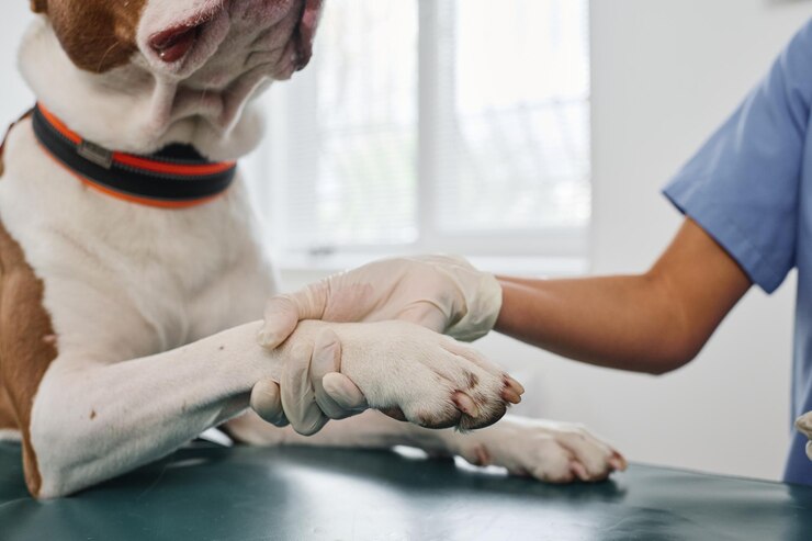 Foto veterinário segurando a pata de cães