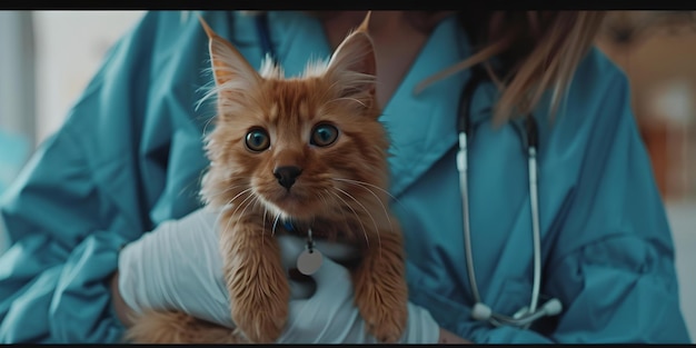 Veterinário segurando um adorável gatinho de gengibre conceito de cuidados de saúde para animais de estimação cuidado veterinário profissional clínica de animais cuidando de pets vista de perto IA