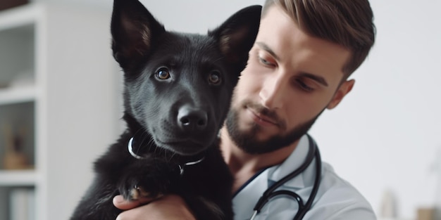 Veterinário segurando um cachorro preto nos braços examinando criado com tecnologia de ia generativa