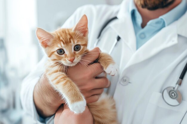 Veterinário segurando um gatinho de gengibre em suas mãos Conceito de cuidados com animais