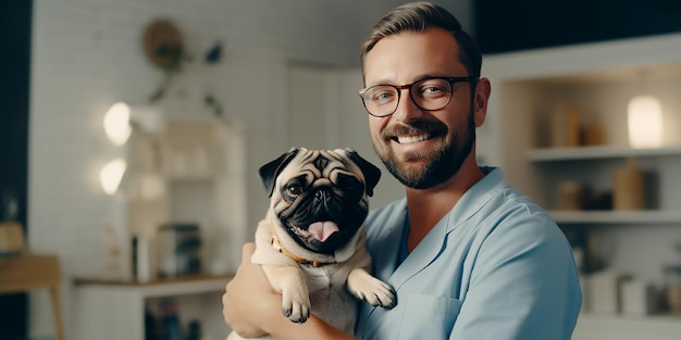 Veterinário sorridente com paciente feliz