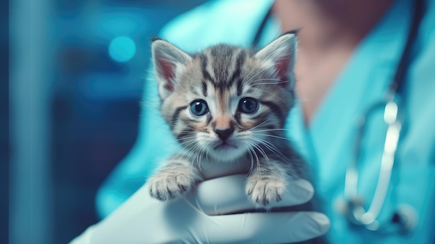 Un veterinario sosteniendo un gatito en sus manos.