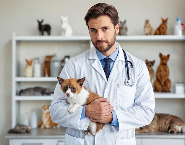 Foto un veterinario sosteniendo un gato en sus brazos