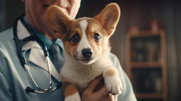 Un veterinario sosteniendo un perro con un estetoscopio alrededor del cuello.