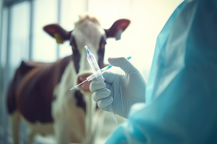 El veterinario sostiene una jeringa con vacuna en el fondo de una vaca lechera en un granero de vacas