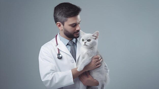 Un veterinario con un toque cariñoso aislado en gris claro suave