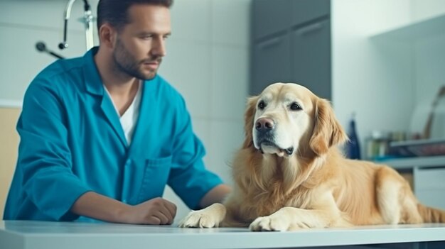 Veterinario en uniforme inspeccionando perro en la mesa en la oficina veterinaria Examen veterinario generativo de IA