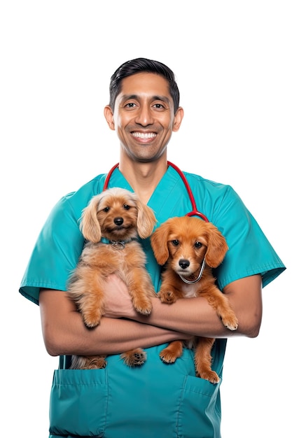 veterinario en uniforme médico sosteniendo perros de pura raza en sus brazos sonriendo