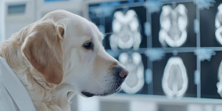 Foto veterinário usa varreduras de hologramas para diagnosticar doenças de cães com tecnologia avançada conceito veterinário hologramas scans doenças de cães diagnóstico de tecnologia avançada