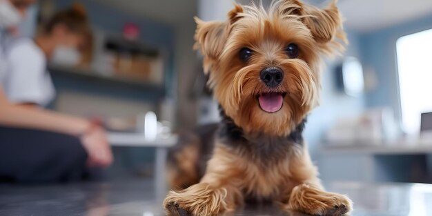 Veterinário verificando a saúde dos Yorkshire Terriers na clínica Conceito Exame veterinário Yorkshire Terrier Verificação de saúde Clínica Visita Cuidados com animais de estimação