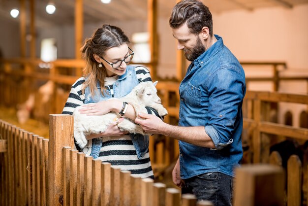 Veterinarios de hombre y mujer cuidando de cabrito en el interior del granero