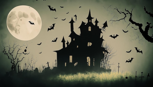 Vetor assustador Paisagem de Halloween com uma casa assombrada, um cemitério, uma bruxa e morcegos voadores por completo