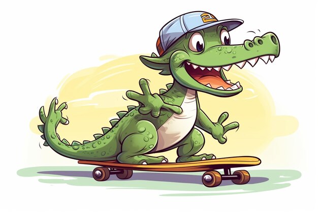 Foto vetor crocodilo bonito jogando skate ilustração de ícone de desenho animado vetor