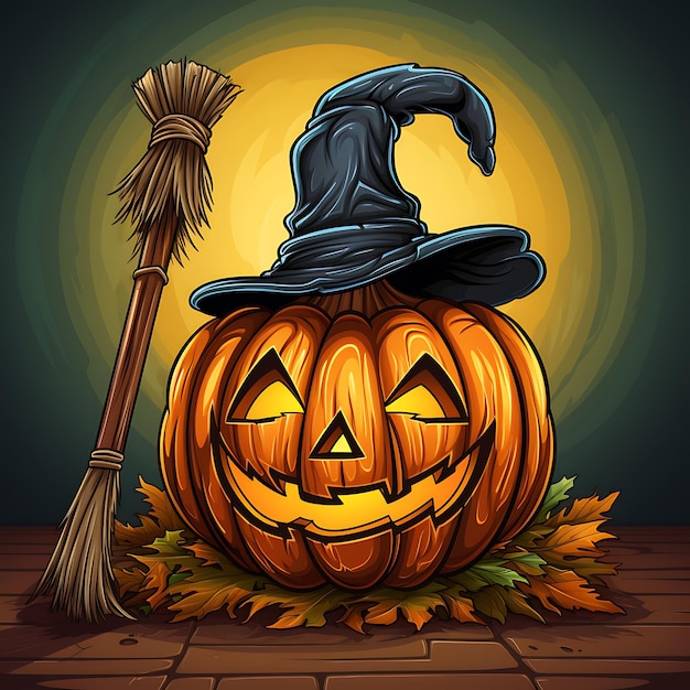 Vetor de abóbora de Halloween com vassoura no estilo da caricatura de cenários misteriosos