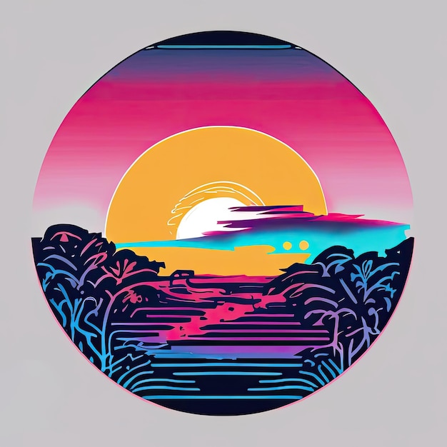 Vetor de camiseta synthwave gráfico vetorial de verão encerrado em um círculo de contorno do pôr do sol