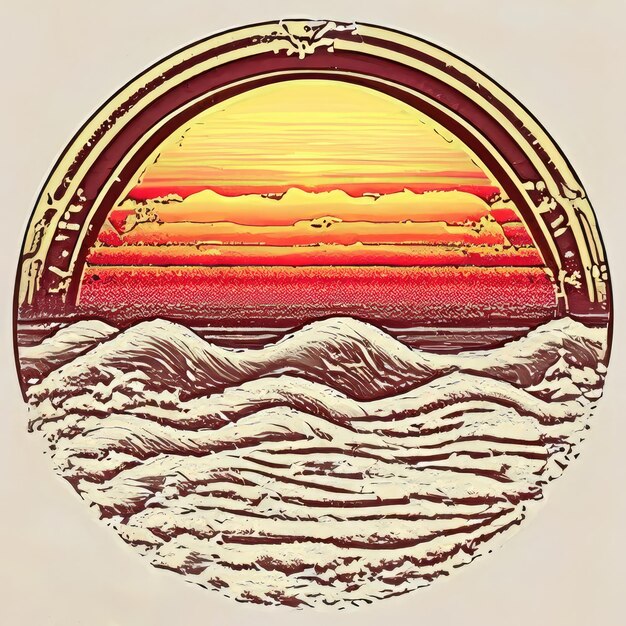 Vetor de camiseta synthwave gráfico vetorial de verão encerrado em um círculo de contorno do pôr do sol