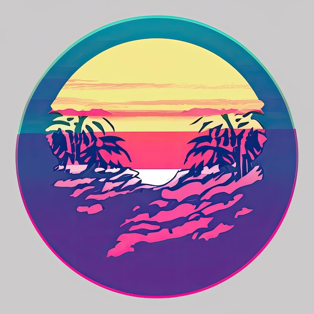 Vetor de camiseta synthwave gráfico vetorial de verão encerrado em um círculo de contorno do pôr do sol