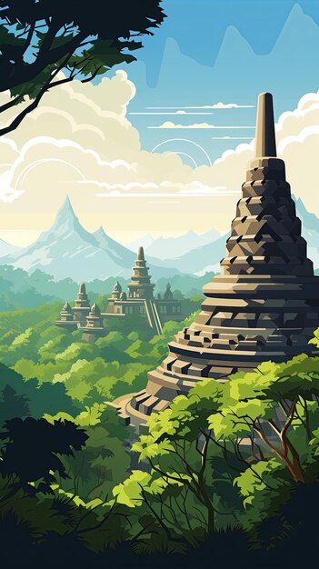 Vetor de ilustração da paisagem do Templo Borobudur Yogyakarta Java Indonésia