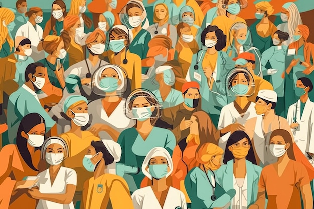 Vetor de ilustração ou plano de fundo de enfermeiras ajudando pacientes