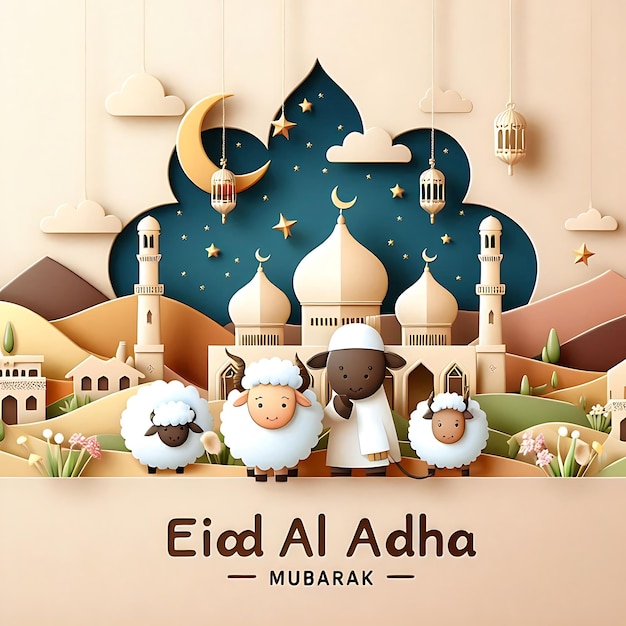 vetor eid al adha um cartaz para um festival árabe árabe com ovelhas e mesquita no topo