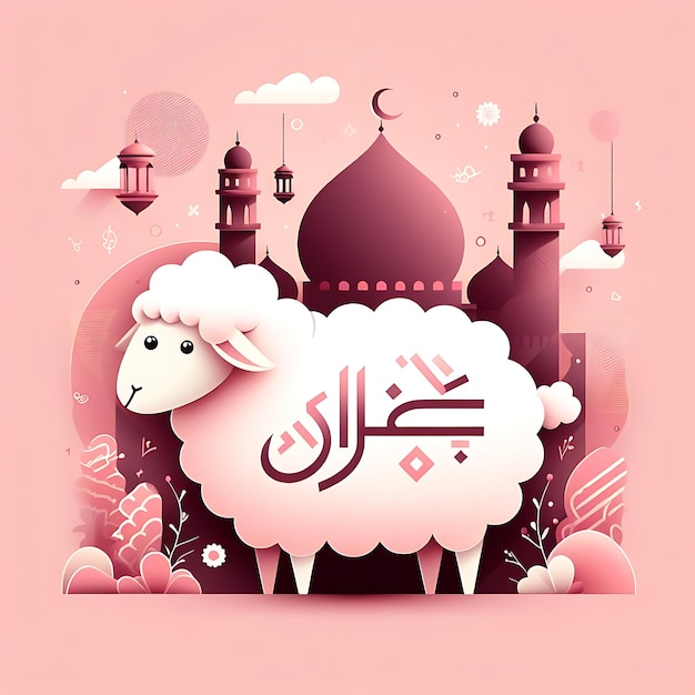 vetor eid al adha uma ovelha com escrita árabe sobre ele e um rosa