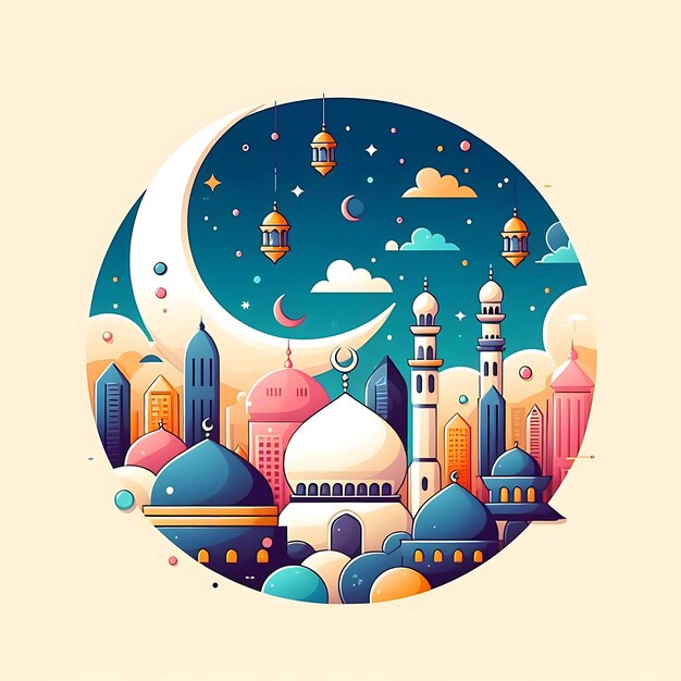 vetor eid al fitr uma ilustração colorida de uma cidade com um edifício e uma lua no fundo