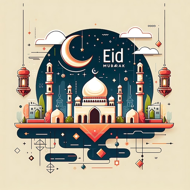 vetor eid al fitr uma ilustração colorida de uma mesquita com um fundo preto