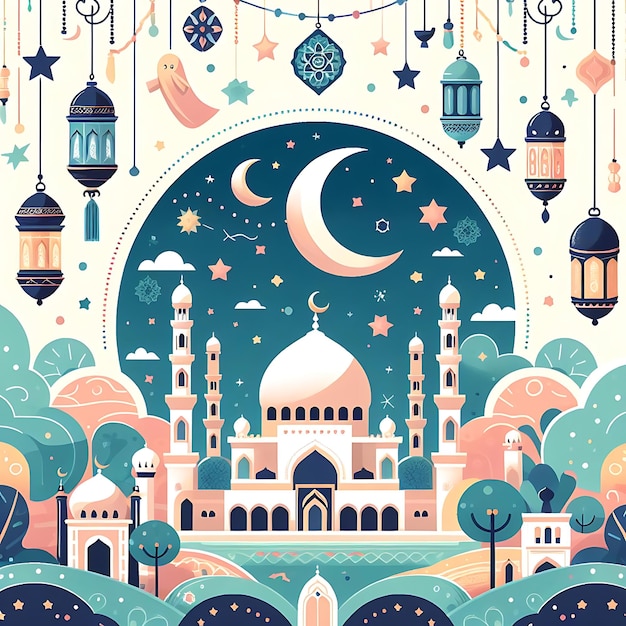 vetor eid al fitr uma ilustração colorida de uma mesquita com uma lua azul e estrelas