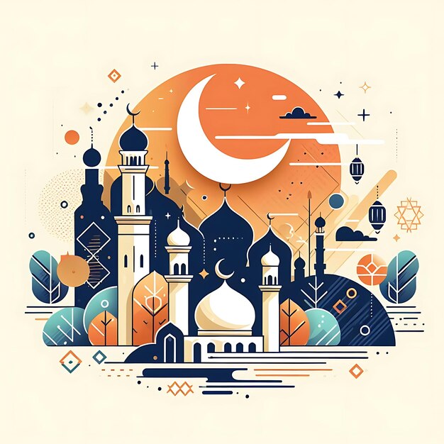 vetor eid al fitr uma imagem colorida de uma mesquita com uma lua e uma mesquita no fundo