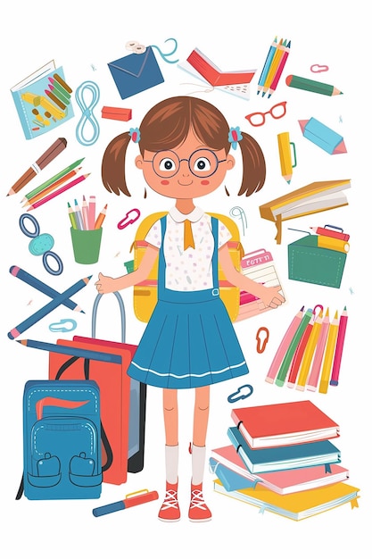 vetor plano de uma menina com itens escolares como cadernos lápis e tesouras fundo branco