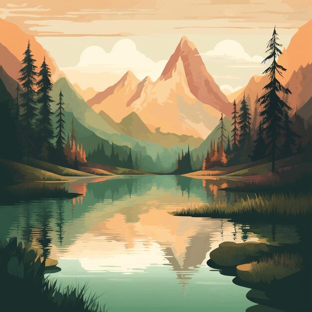 Vetores Premium Impressão artística de montanha em um lindo lago à tarde24
