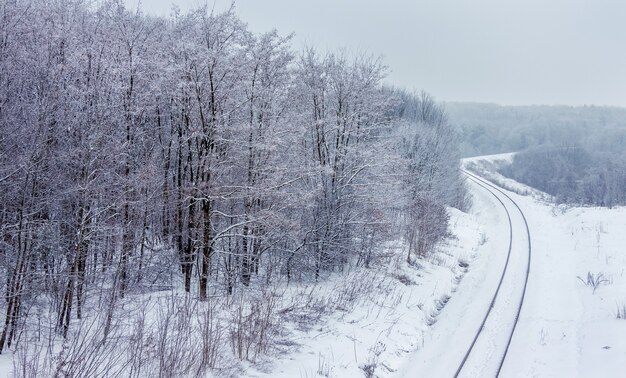 Vía férrea en las afueras del bosque en invierno. Vista superior_