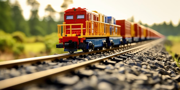 Vía férrea de LEGO con una serie de trenes de contenedores que destacan la importancia del transporte ferroviario en el movimiento de mercancías y el comercio a través de grandes distancias IA IA generativa